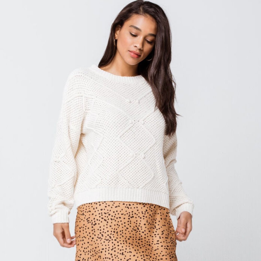 Soft Chenille Beach Sweater Pom Accent Color Cream - Picture 8 of 11